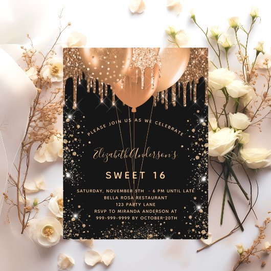 16 zwarte goudzoolstofballonnen 16e uitnodiging briefkaart