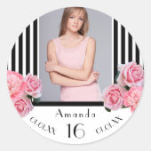 16 zwarte witte strepen bloemen foto ronde sticker (Voorkant)