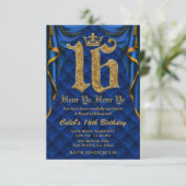 16DE 16 Verjaardagsfeest Royal Blauw Gouden Kroon Kaart (Staand voorkant)