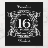 16de trouwdag zwart en wit wijn etiket (Enkel label)