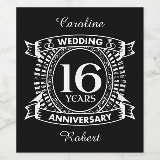 16de trouwdag zwart en wit wijn etiket (Enkel label)