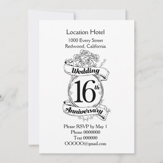 16de trouwdag zwart en witte rozen kaart (Achterkant)