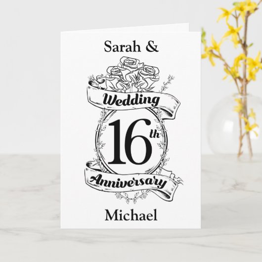 16de trouwdag zwart en witte rozen kaart (Gele Bloem)