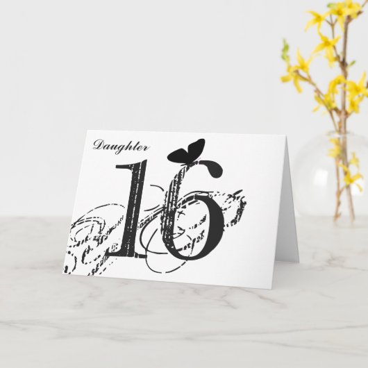 16de verjaardag, dochter, vlinder, zwarte & wit kaart (Gele Bloem)