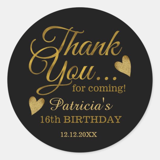 16de verjaardag van Black and Gold Sweet Hartelijk Ronde Sticker (Voorkant)