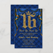 16e 16e verjaardag Royal Blue Gold Crown Kaart (Voorkant / Achterkant)