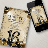 16e ballonnen zwart goud verjaardag kaart