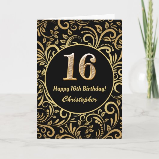 16e Birthday Black en Gold Floral Pattern Kaart (Voorkant)
