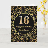 16e Birthday Black en Gold Floral Pattern Kaart (Gele Bloem)