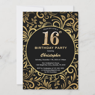 16e Birthday Black en Gold Floral Pattern Kaart