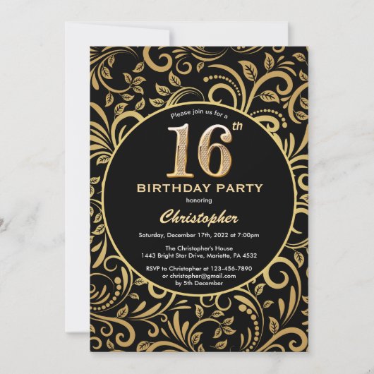 16e Birthday Black en Gold Floral Pattern Kaart (Voorkant)