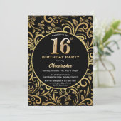 16e Birthday Black en Gold Floral Pattern Kaart (Staand voorkant)