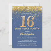 16e Birthday Blue en Gold Glitter Confetti Kaart (Voorkant)
