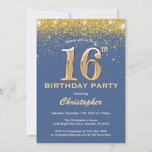 16e Birthday Blue en Gold Glitter Confetti Kaart (Voorkant)