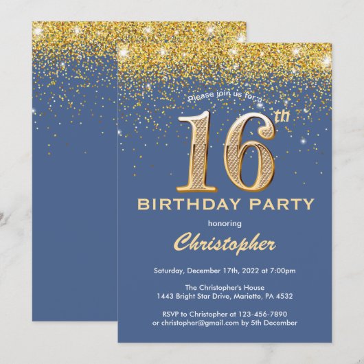 16e Birthday Blue en Gold Glitter Confetti Kaart (Voorkant / Achterkant)