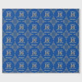 16e Birthday Blue en Gold Glitter Lijst Cadeaupapier (Vlak)