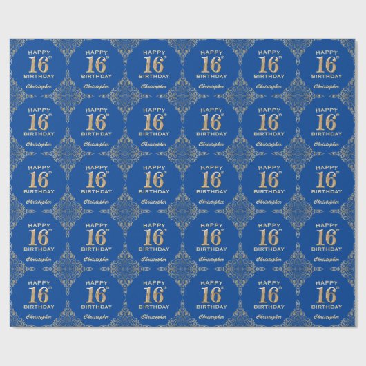 16e Birthday Blue en Gold Glitter Lijst Cadeaupapier (Vlak)
