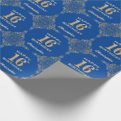 16e Birthday Blue en Gold Glitter Lijst Cadeaupapier (Hoek)