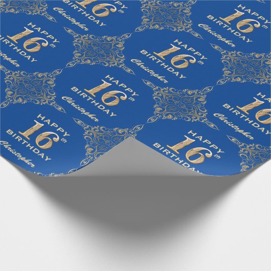 16e Birthday Blue en Gold Glitter Lijst Cadeaupapier (Hoek)