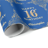 16e Birthday Blue en Gold Glitter Lijst Cadeaupapier (Rol Hoek)