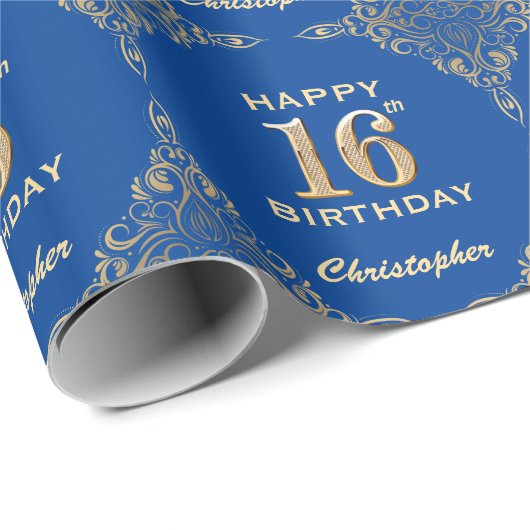 16e Birthday Blue en Gold Glitter Lijst Cadeaupapier (Rol Hoek)