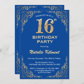 16e Birthday Blue en Gold Glitter Lijst Kaart (Voorkant / Achterkant)