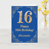 16e Birthday Blue en Gold Glitter Lijst Kaart (Gele Bloem)