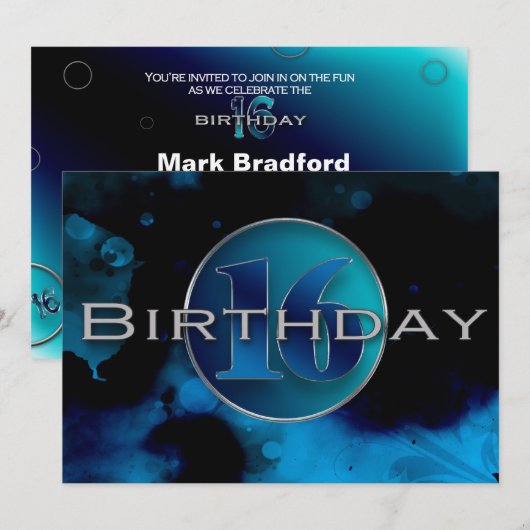 16e BIRTHDAY-INVITATIE - ABSTRACTE BLAUW Kaart (Voorkant / Achterkant)