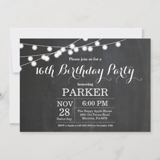 16e Birthday Invitation Chalkboard Kaart (Voorkant)