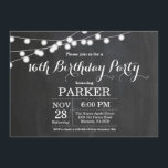 16e Birthday Invitation Chalkboard Kaart<br><div class="desc">16de Uitnodiging van de Zeerdag met de Achtergrond van het Chalkboard van de Lichten van het Koord. 13e 15e 16e 18e 21e 30e 40e 50e 60e 70e 90e 100e, elke leeftijd. Voor verdere aanpassing, te klikken gelieve de knoop "van de Aanpassing het"en ons ontwerphulpmiddel te gebruiken om deze sjabloon te...</div>