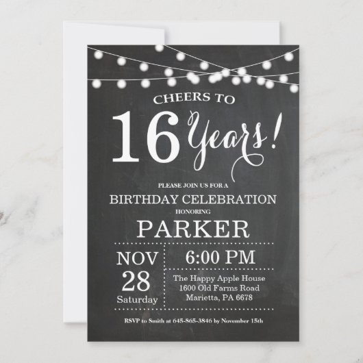16e Birthday Invitation Chalkboard Kaart (Voorkant)