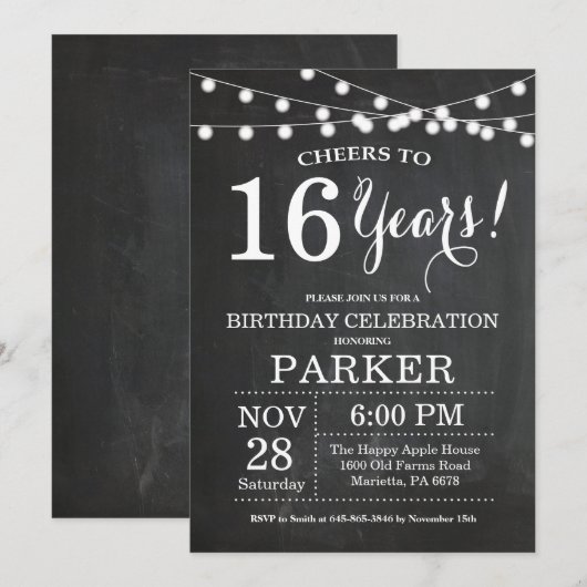 16e Birthday Invitation Chalkboard Kaart (Voorkant / Achterkant)