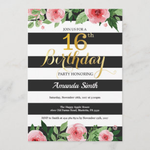 16e Birthday Invitation Teen. Floral Gold Black Kaart