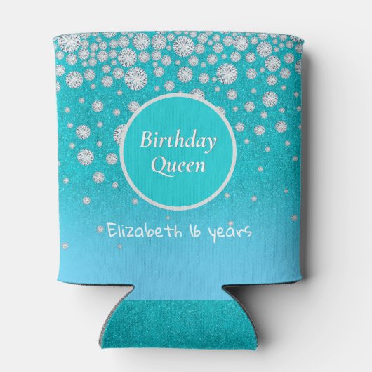 16e Birthday koningin diamant blauwgroen glitter g Blikjeskoeler (Achterkant)