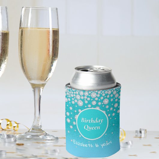 16e Birthday koningin diamant blauwgroen glitter g Blikjeskoeler