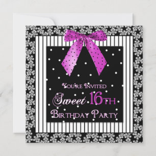 16e BIRTHDAY PARTIJ INVITATIE, zwart/Fuchsia/Bow Kaart