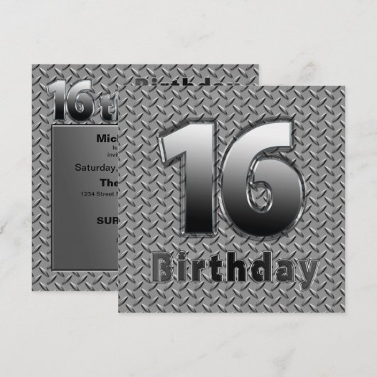 16e BIRTHDAY PARTIJINVITATIE - METAAL Kaart (Voorkant / Achterkant)
