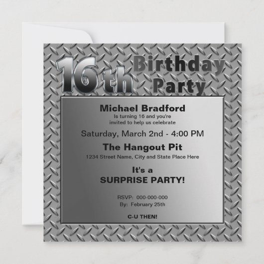 16e BIRTHDAY PARTIJINVITATIE - METAAL Kaart (Achterkant)