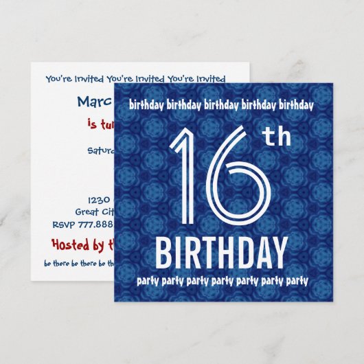 16e Birthday Party Modern Geometric Navy W1831 Kaart (Voorkant / Achterkant)