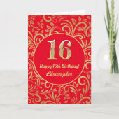 16e Birthday Red en Gold Floral Pattern Kaart (Voorkant)