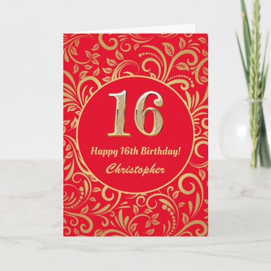 16e Birthday Red en Gold Floral Pattern Kaart (Voorkant)