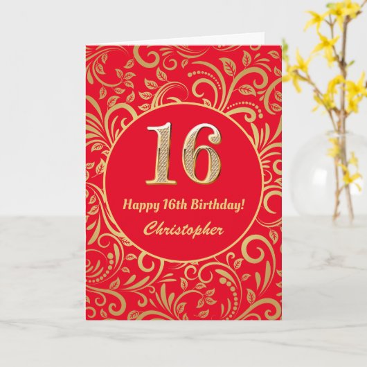 16e Birthday Red en Gold Floral Pattern Kaart (Gele Bloem)
