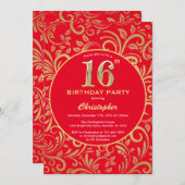 16e Birthday Red en Gold Floral Pattern Kaart (Voorkant / Achterkant)