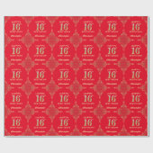16e Birthday Red en Gold Glitter Lijst Cadeaupapier (Vlak)