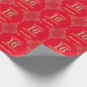 16e Birthday Red en Gold Glitter Lijst Cadeaupapier (Hoek)