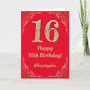 16e Birthday Red en Gold Glitter Lijst Kaart