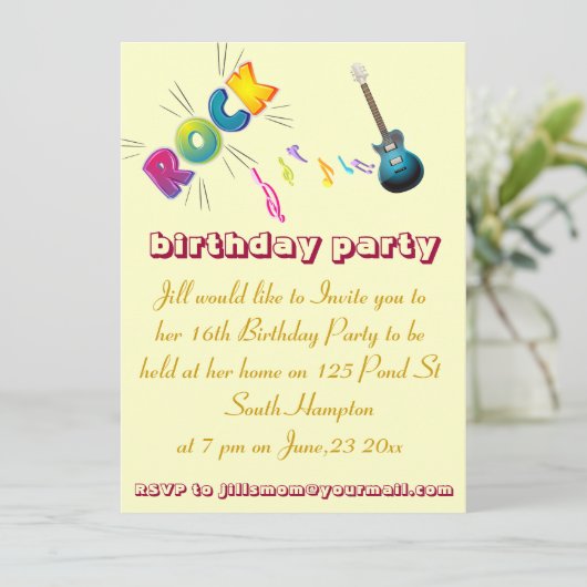 16e Birthday rock nodigcard. Kaart (Staand voorkant)