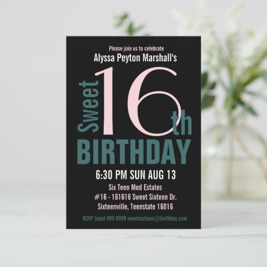 16e blauwgroen en zwarte zoete partij kaart (Staand voorkant)