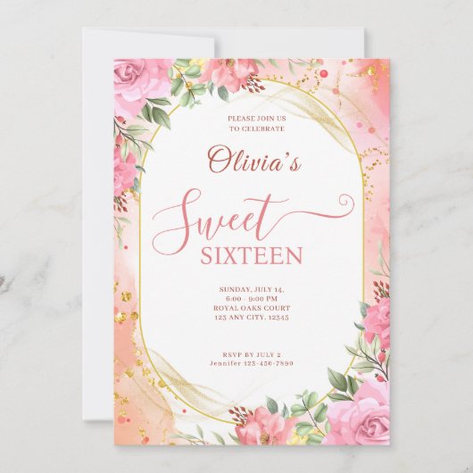 16e BlushPink Flowers Boho Elegant Verjaardagsfees Kaart (Voorkant)