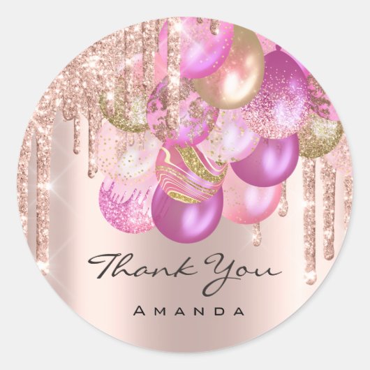 16e Bridal Roos Glitter Ballon roze Ronde Sticker (Voorkant)
